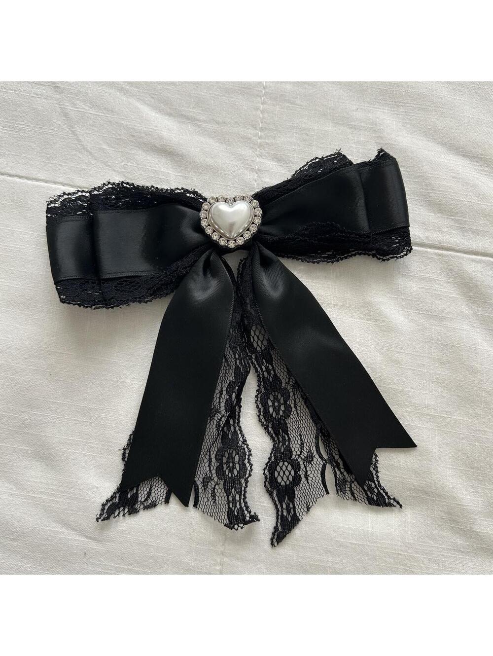 Black Satin Bow Lace Pearl Heart Rhinestone Japan